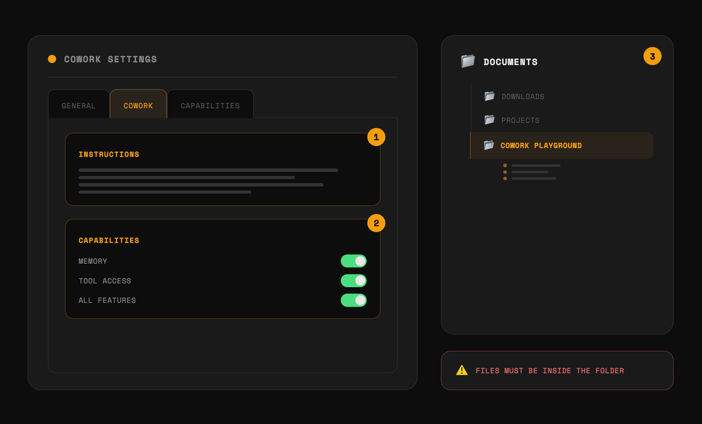 Claude Cowork settings panel showing Instructions field, Capabilities toggles, and folder selection