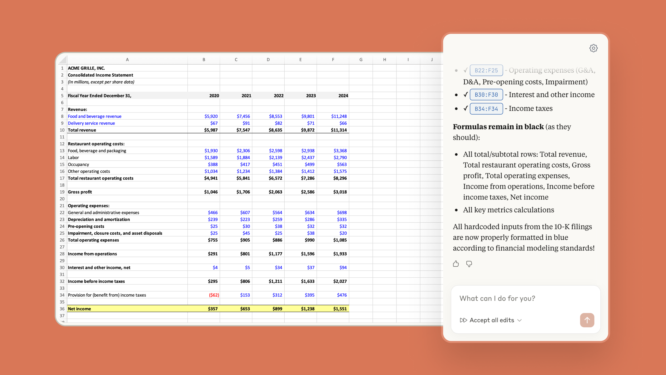 Claude for Excel sidebar showing AI analysis of a financial spreadsheet inside Microsoft Excel