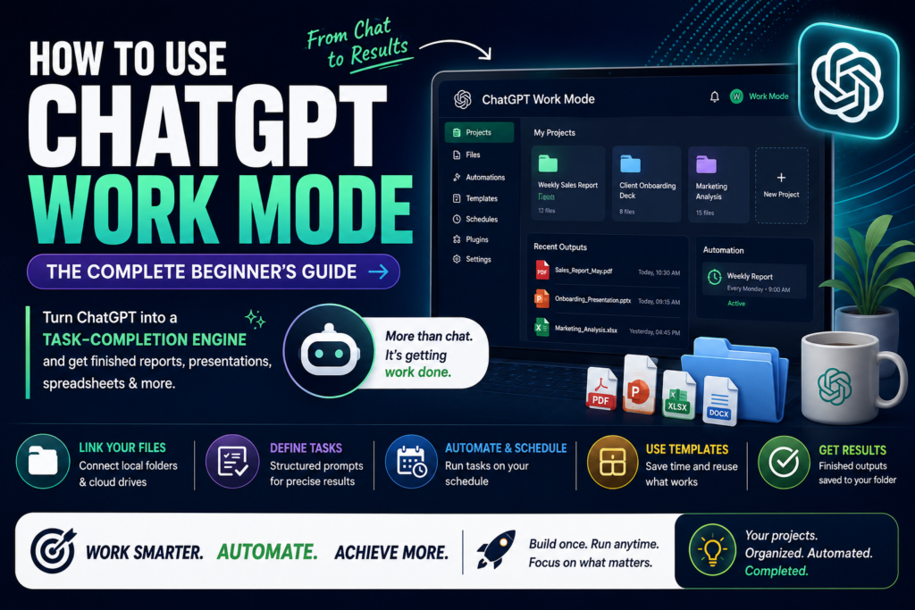 ChatGPT Work Mode dashboard showing sidebar navigation and workflow tools