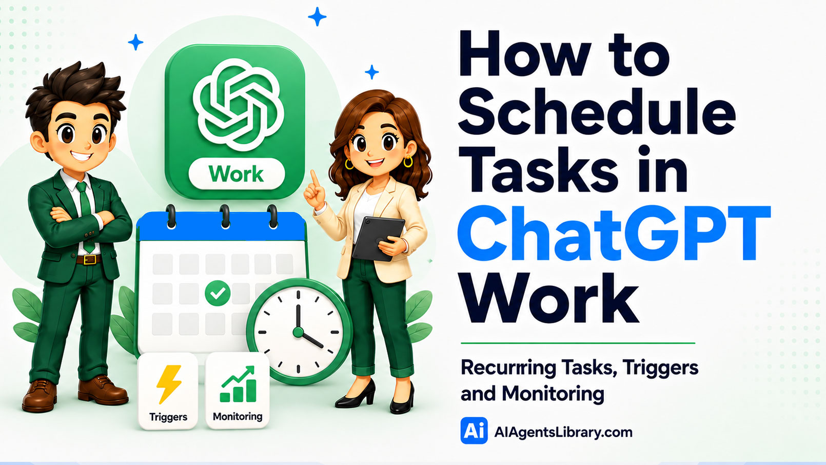 ChatGPT Work scheduled tasks interface showing triggers, monitoring, and recurring task setup