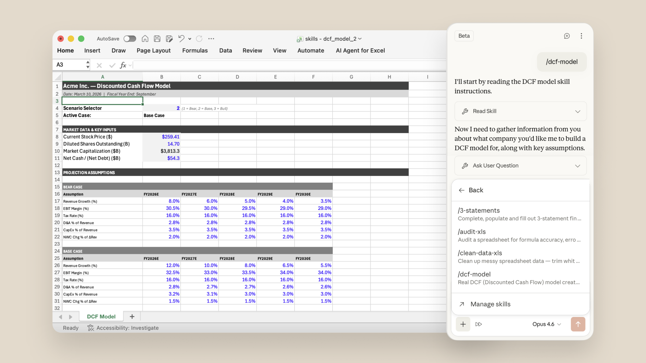 Claude working across Excel and PowerPoint, showing cross-app context with skills for one-click automation